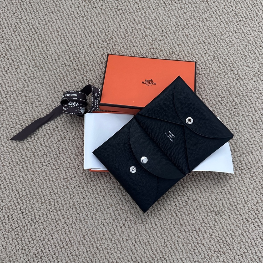 NIB Hermes Calvi Duo Epsom Noir Card Holder Wallet